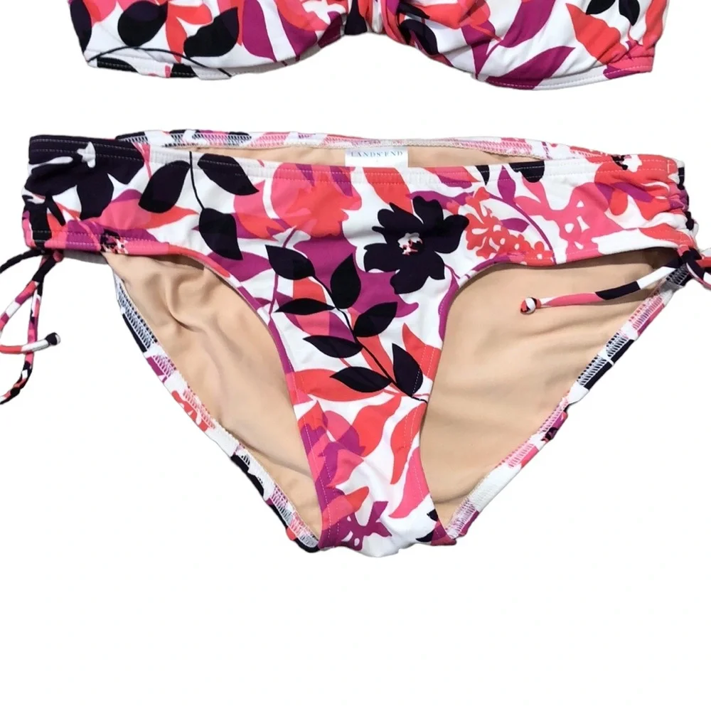 LANDS’ END | Women’s Floral Adjustable Gathered Front-Tie Ruched-Sides Bikini S